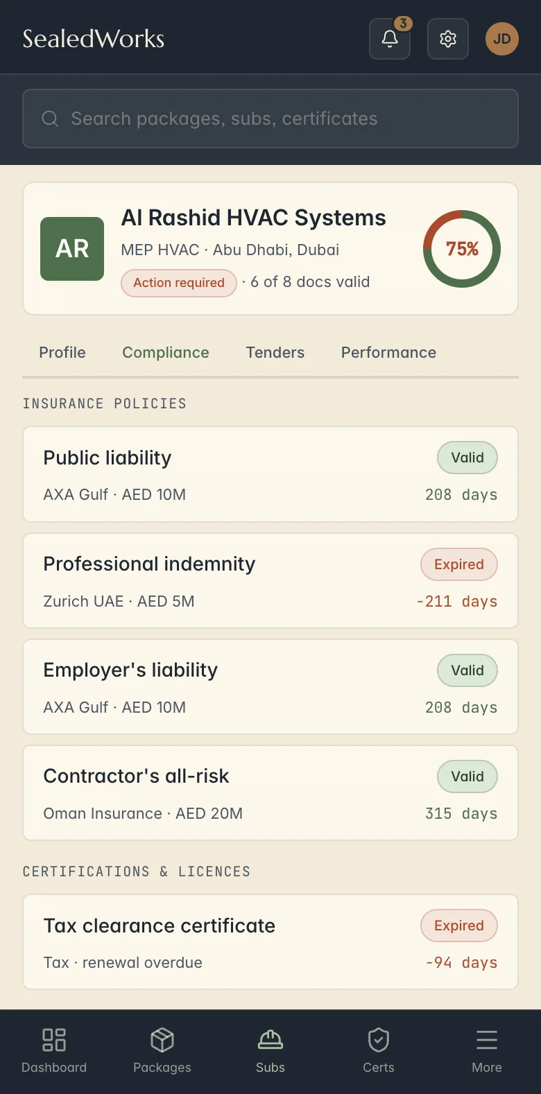 SealedWorks - Subcontractor compliance (mobile)